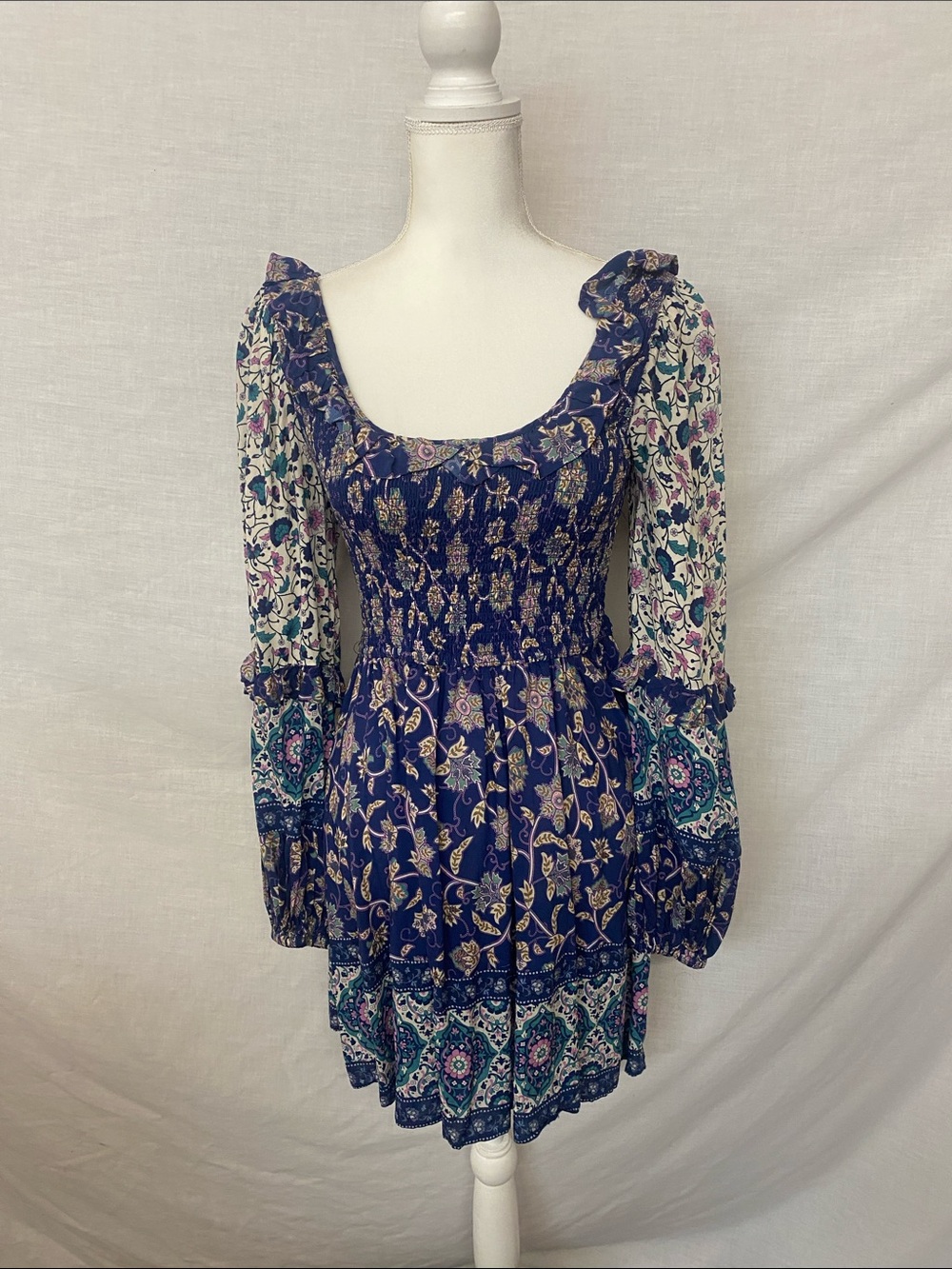 Spell Navy and Cream Floral Smocked Mini Dress